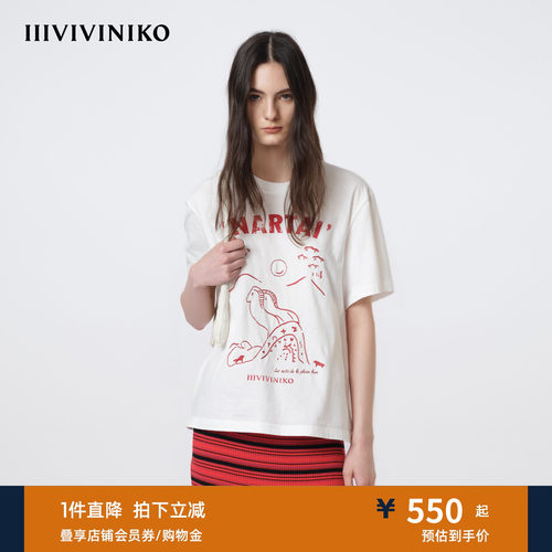 IIIVIVINIKO2026春新款休闲时髦刺绣落肩T恤女M610508335B