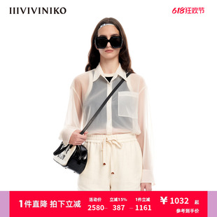 衬衫 IIIVIVINIKO夏季 新品 飘逸透明针织薄纱纯色长袖 女M320438346D