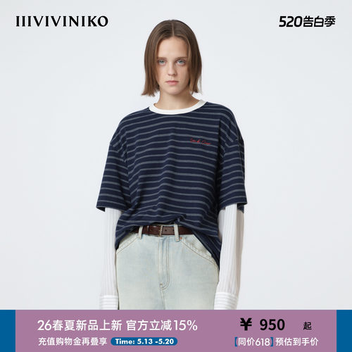 IIIVIVINIKO2026夏季新款宽松假两件条纹上衣女M620511309C