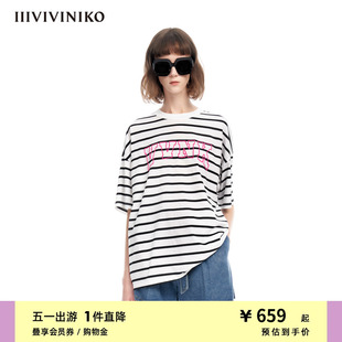 新品 IIIVIVINIKO夏季 简约宽松刺绣落肩条纹廓形T恤女M320548355C