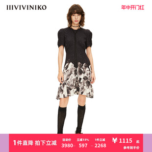 IIIVIVINIKO春夏新品 复古星空人物印花连衣裙女M220648125E