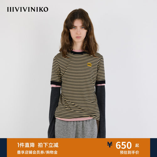 IIIVIVINIKO秋季新款植绒印花圆领条纹正肩T恤女M530513338A
