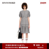 格纹短袖 IIIVIVINIKO春夏新品 复古泡泡袖 收腰连衣裙女M310613140B