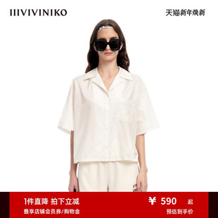 衬衫 古巴领光泽感缎面宽松短袖 女M320433165D 新品 IIIVIVINIKO夏季