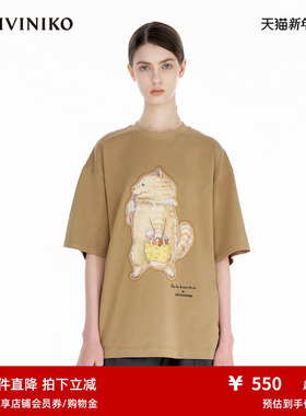 IIIVIVINIKO2025夏新款可爱猫咪印花慵懒廓形T恤女R520506335D