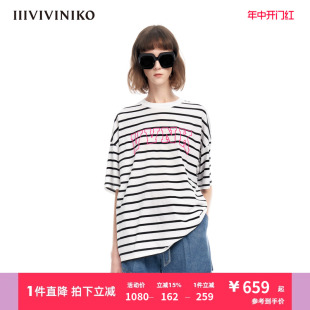 简约宽松刺绣落肩条纹廓形T恤女M320548355C IIIVIVINIKO夏季 新品