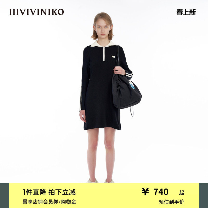 IIIVIVINIKO&ldquo;日本高品质细支纱线&rdquo;翻领针织连衣裙女M331122641B