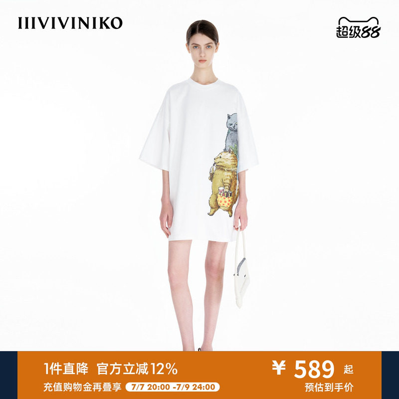 【双纱平纹】IIIVIVINIKO夏季新款猫咪印花T恤连衣裙女