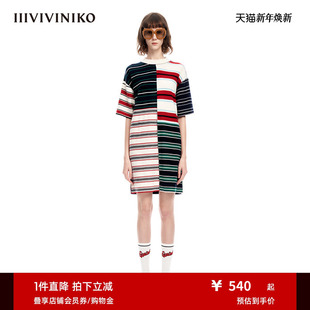 IIIVIVINIKO春夏新品 拼色条纹直筒松身针织连衣裙女M311105616A