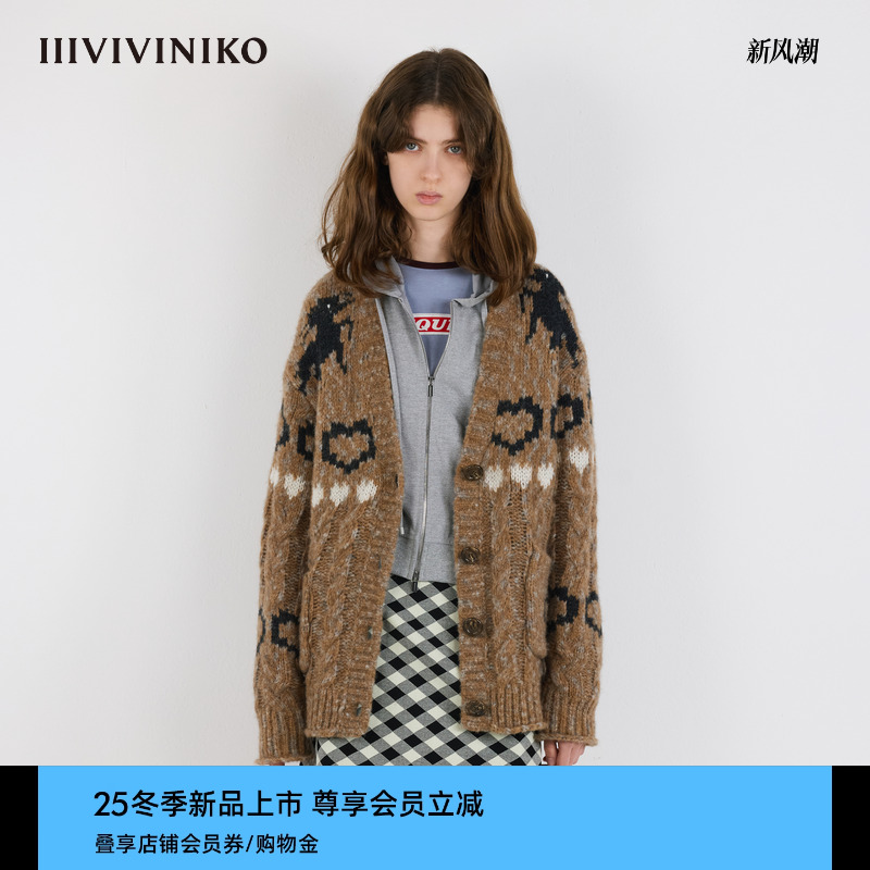 IIIVIVINIKO2025冬新款复古时髦费尔岛印花羊毛开衫女M540272663E