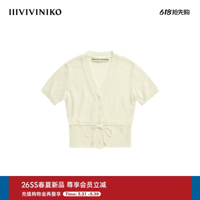 IIIVIVINIKO2026夏季新款V领系带收腰显瘦短袖开衫女M620281652D