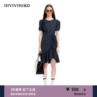 IIIVIVINIKO春夏新品 格纹抽褶鱼尾连衣裙女M310605140B 优雅泡泡袖