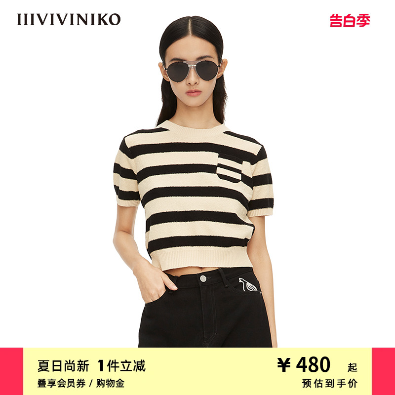 IIIVIVINIKO春夏新品圆领条纹短袖针织套头衫女M210109609B