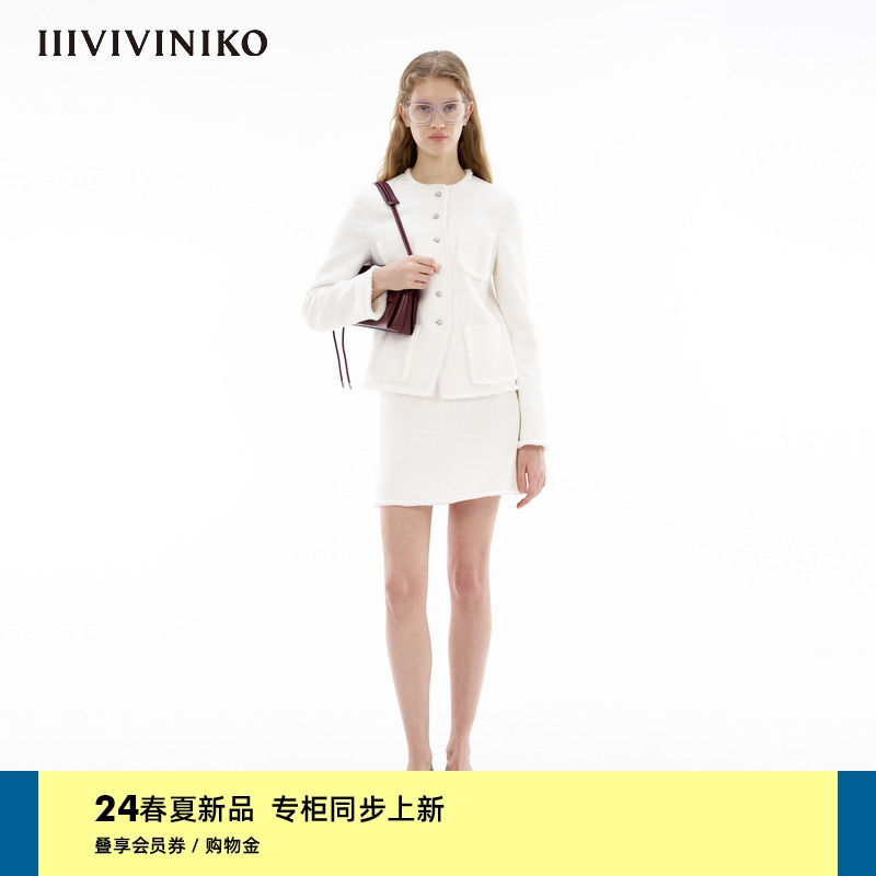 IIIVIVINIKO2024春季新款“粗花呢面料”复古圆领小香风外套女