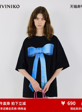 IIIVIVINIKO2025秋新款全棉浪漫蝴蝶结胶印正肩T恤女M530525384B
