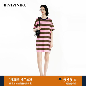 IIIVIVINIKO夏季新款休闲H型条纹短袖T恤连衣裙女R421102649C