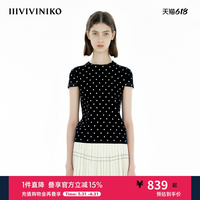 IIIVIVINIKO春季新款圆领简约波点印花T恤女M510134615A