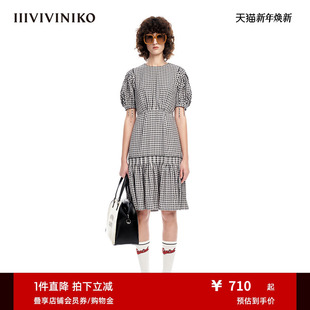 收腰连衣裙女M310613140B 格纹短袖 IIIVIVINIKO春夏新品 复古泡泡袖
