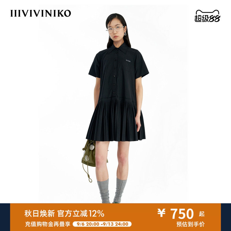 【细密压褶工艺】IIIVIVINIKO秋新款学院风衬衫领A字连衣裙女