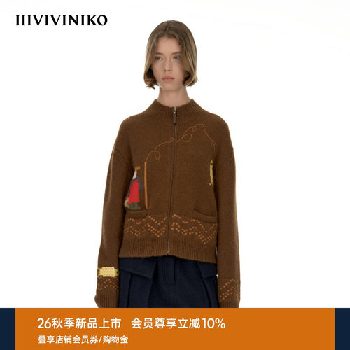 IIIVIVINIKO2026秋季新款主题图案绣花针织拉链外套女M630230685C