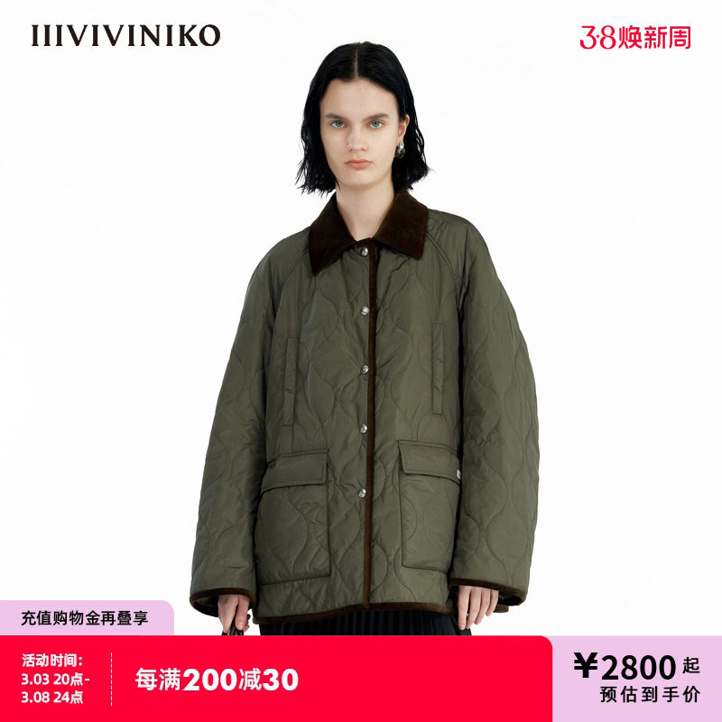 IIIVIVINIKO冬季新款复古插肩袖翻领绗棉服外套女B441906010C