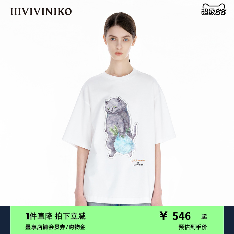 IIIVIVINIKO2025夏新款可爱猫咪印花慵懒廓形T恤女R520506335D
