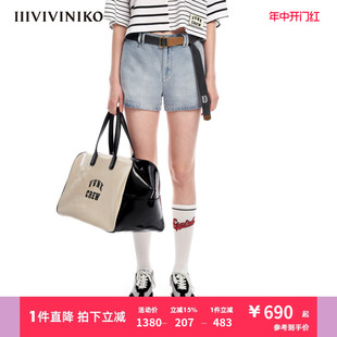 IIIVIVINIKO夏季 百搭复古浅蓝天丝⽜仔短裤 子女M321841210E 新品