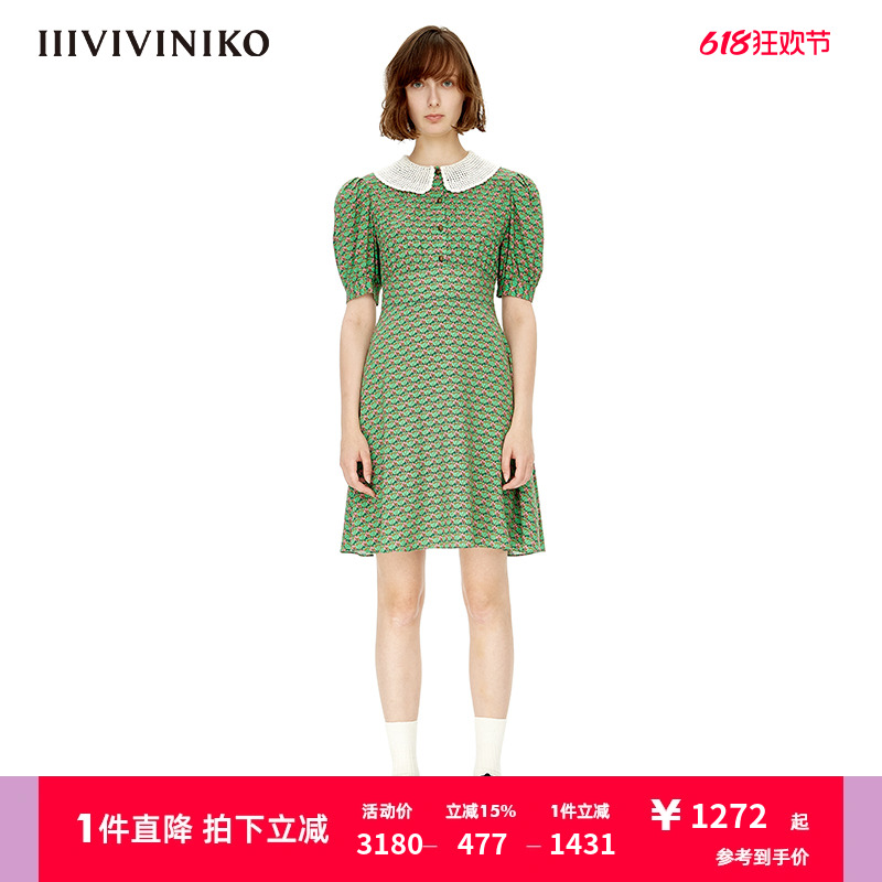 IIIVIVINIKO夏季新品印花衬衫式短款连衣裙女M230609180A