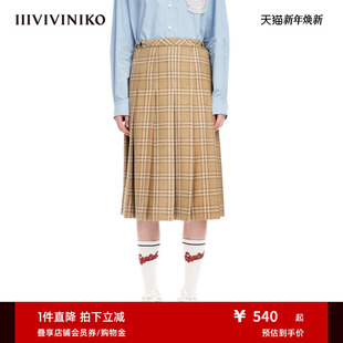 IIIVIVINIKO 学院百褶格纹半身裙女M310702154A 兔毛羊毛混纺