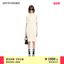 IIIVIVINIKO夏季新品欧根纱衬衫式短袖压褶连衣裙女M320647177D