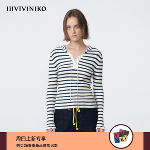 条纹系带翻领长袖 时尚 针织女M620147639C 新款 IIIVIVINIKO2026夏季