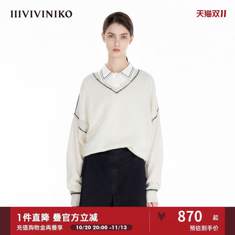 【羊毛羊绒混纺】IIIVIVINIKO春季新款淡人休闲V领针织套头衫女