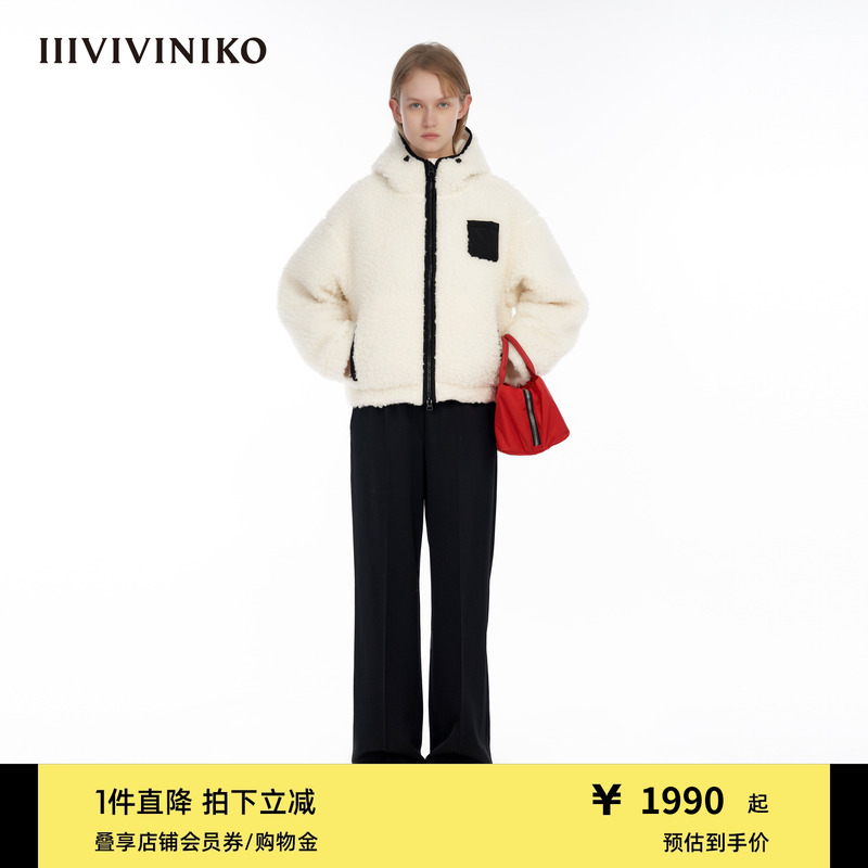 IIIVIVINIKO时髦落肩连帽双面穿箱型毛呢大衣外套女M340312390D
