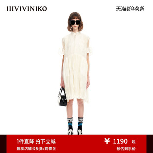 短袖 IIIVIVINIKO夏季 式 欧根纱衬衫 压褶连衣裙女M320647177D 新品