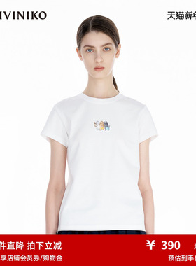 IIIVIVINIKO2025夏新款可爱猫咪印花休闲简约T恤女R520508335D
