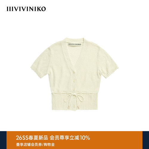 IIIVIVINIKO2026夏季新款V领系带收腰显瘦短袖开衫女M620281652D