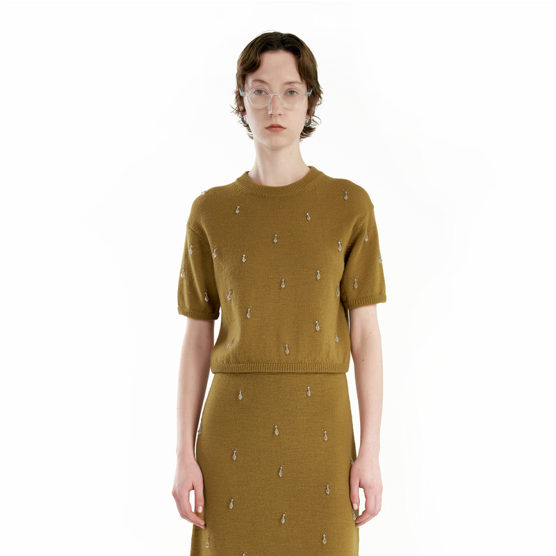 【手工钉珠】IIIVIVINIKO秋季新款羊毛宽松短袖针织套头衫女