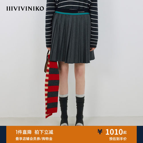 IIIVIVINIKO秋季新款学院风休闲撞色腰头百褶裙女M530708166B