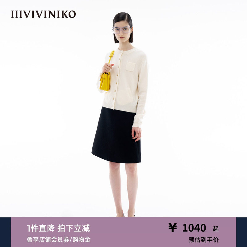 【内蒙古山羊绒】IIIVIVINIKO春季新款双开襟修身圆领针织开衫女