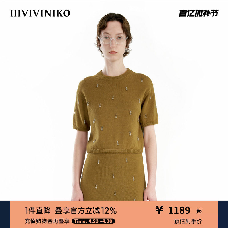 【手工钉珠】IIIVIVINIKO秋季新款羊毛宽松短袖针织套头衫女