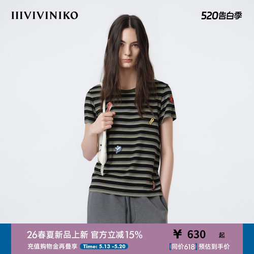 IIIVIVINIKO2026春新款复古休闲圆领条纹短袖T恤女M610507320A