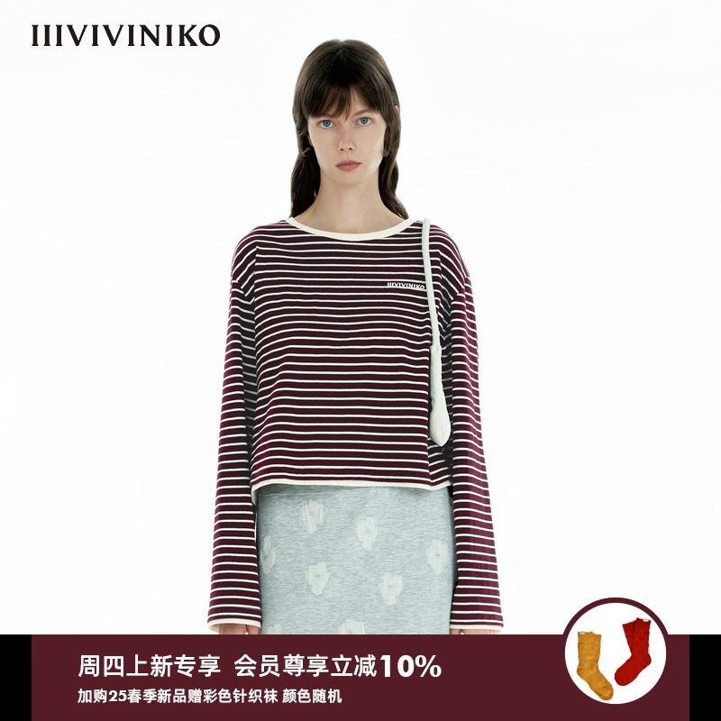 IIIVIVINIKO2025春新款“新疆棉”时髦oversize条纹短款长袖女