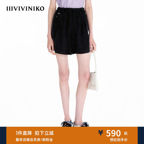 IIIVIVINIKO夏季新款复古抽绳直筒牛仔短裤子女R521801201D