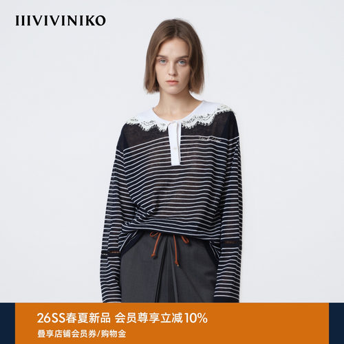 IIIVIVINIKO2026夏季新款休闲蕾丝海军领条纹T恤女M620158644E
