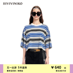 新品 IIIVIVINIKO夏季 学院风短⽅廓形宽松条纹T恤女M320526337D