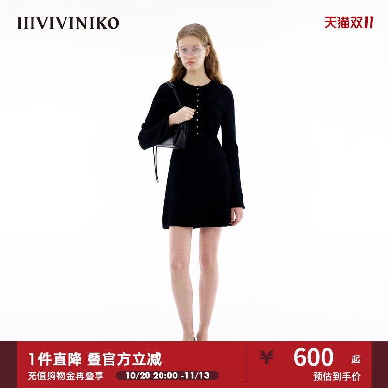 【摩尔蛋白纤维纱】IIIVIVINIKO春季新款复古气质小A针织连衣裙女