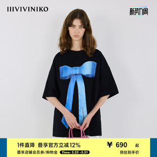 IIIVIVINIKO2025秋新款 全棉浪漫蝴蝶结胶印正肩T恤女M530525384B