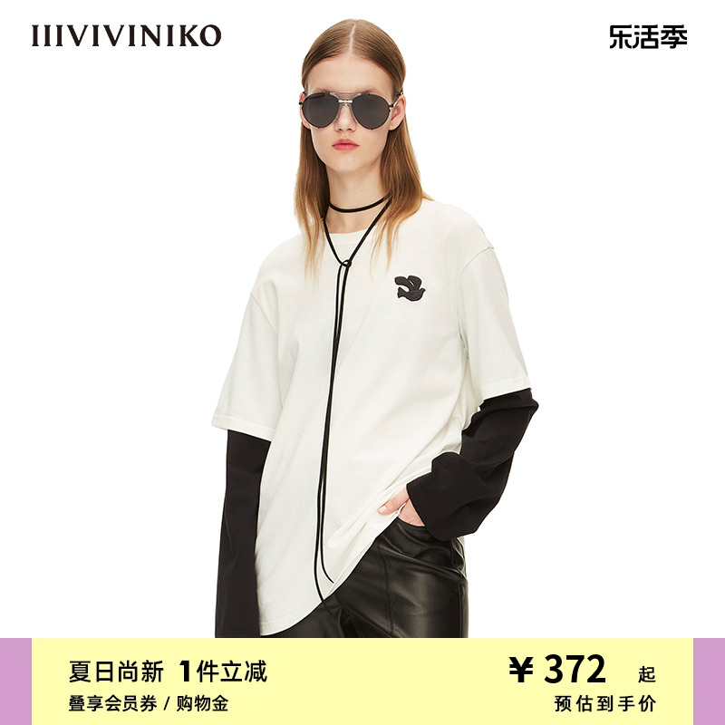 IIIVIVINIKO春夏新品“加捻骨感布面”假两件T恤女M210502353A