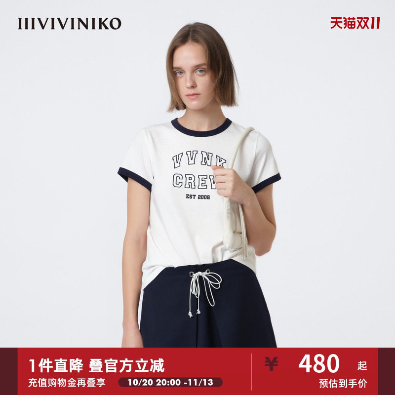 IIIVIVINIKO2026春新款简约学院风字母印花撞色T恤女M610530367A