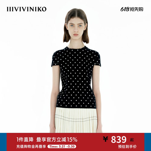 IIIVIVINIKO2025春新款圆领简约波点印花T恤女M510134615A